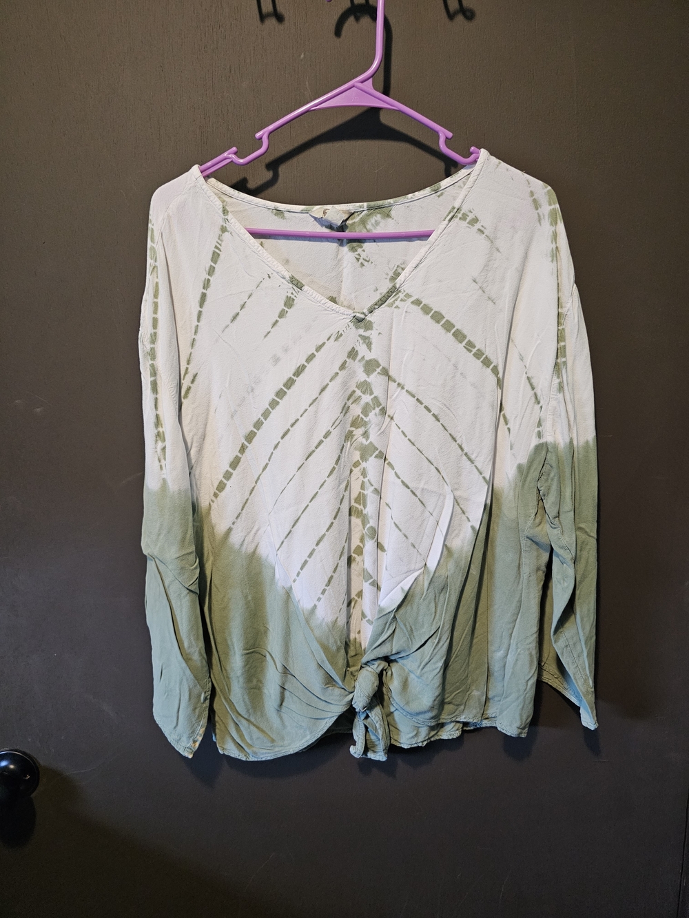 Tie-Dye V-Neck Long Sleeve Tunic with Front Knot - Sage and Cream